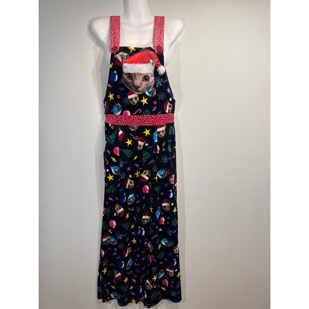 Love On A Hanger Womens Black Santa Cat Christmas Print Jumpsuit Overalls XS‎